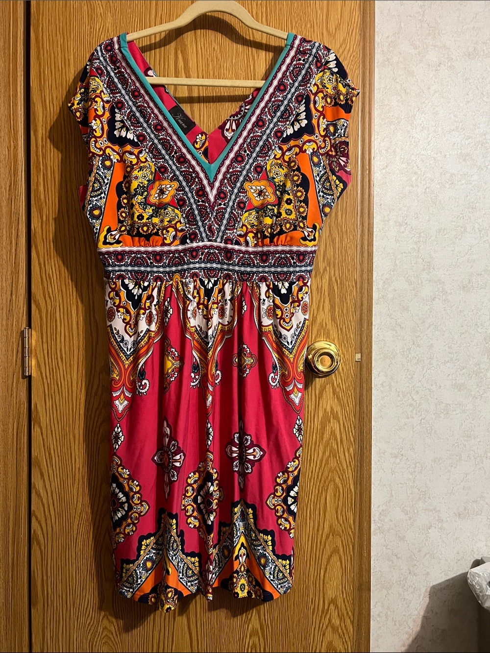 Kiara Pink Paisley V-Neck Midi Dress with Orange & Teal Accents